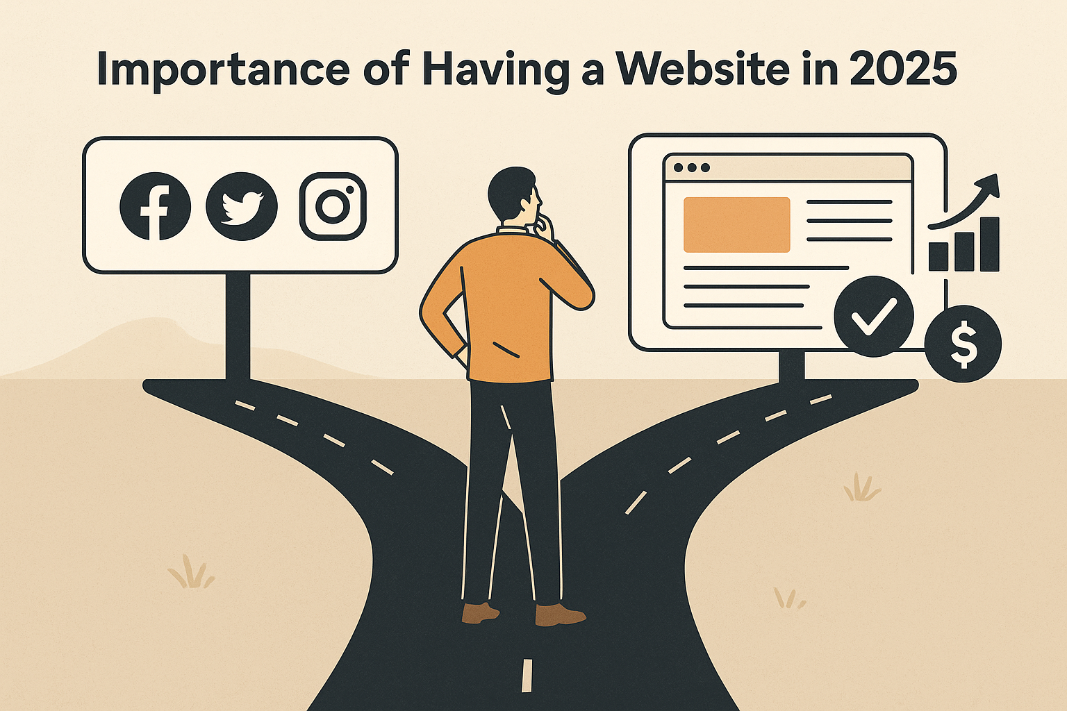 Business owner deciding between social media and professional website for growth in 2025, highlighting website benefits.