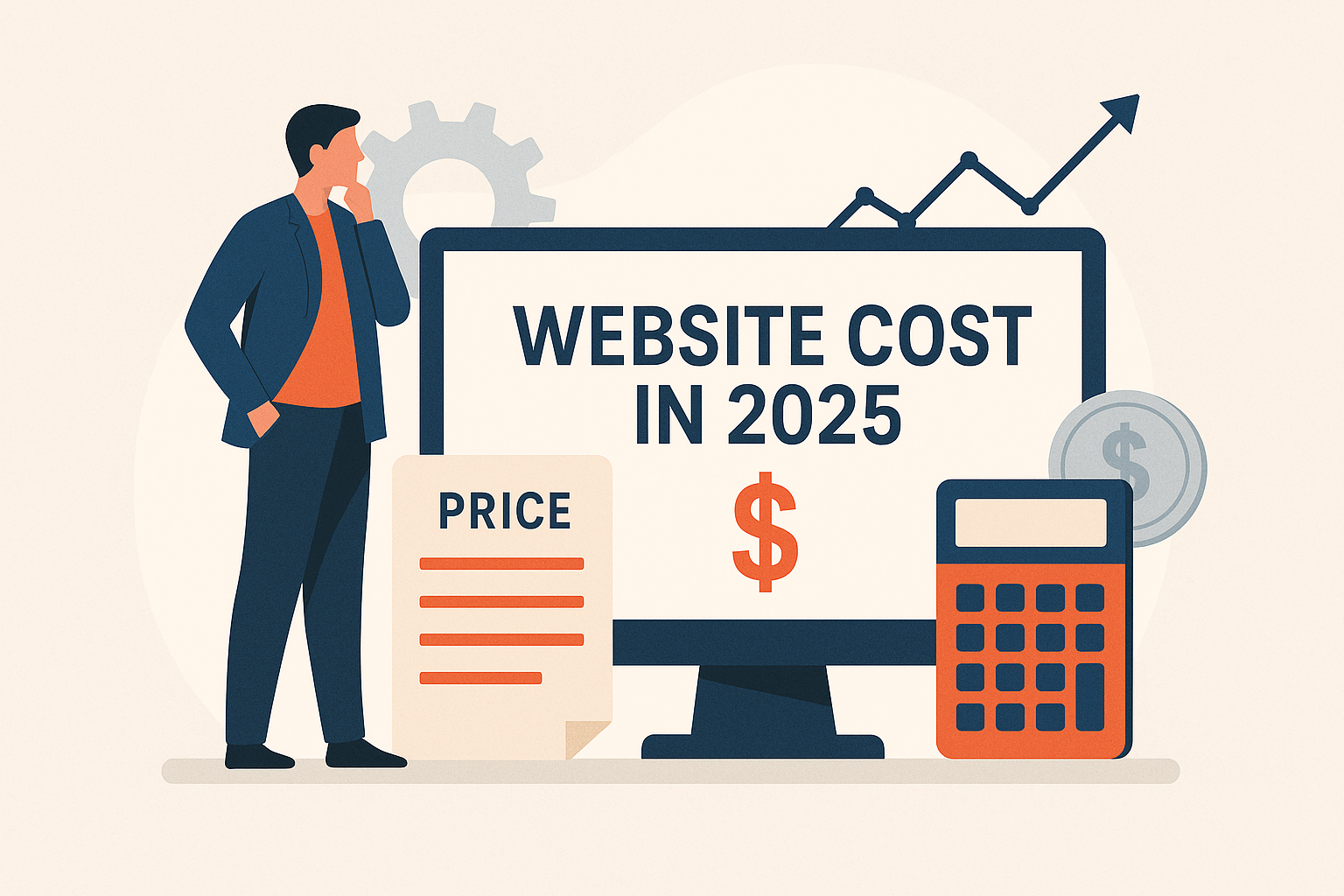 Business owner evaluating website cost in 2025 with price list, calculator, and financial growth icons.