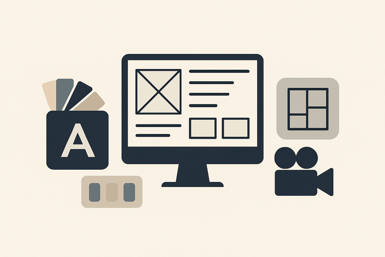 Flat-style icons representing holistic design services—branding color palette, webpage wireframe, interior floor plan, and video camera—illustrating Skizze Studio’s integrated approach to brand, web, interior, and audiovisual design.